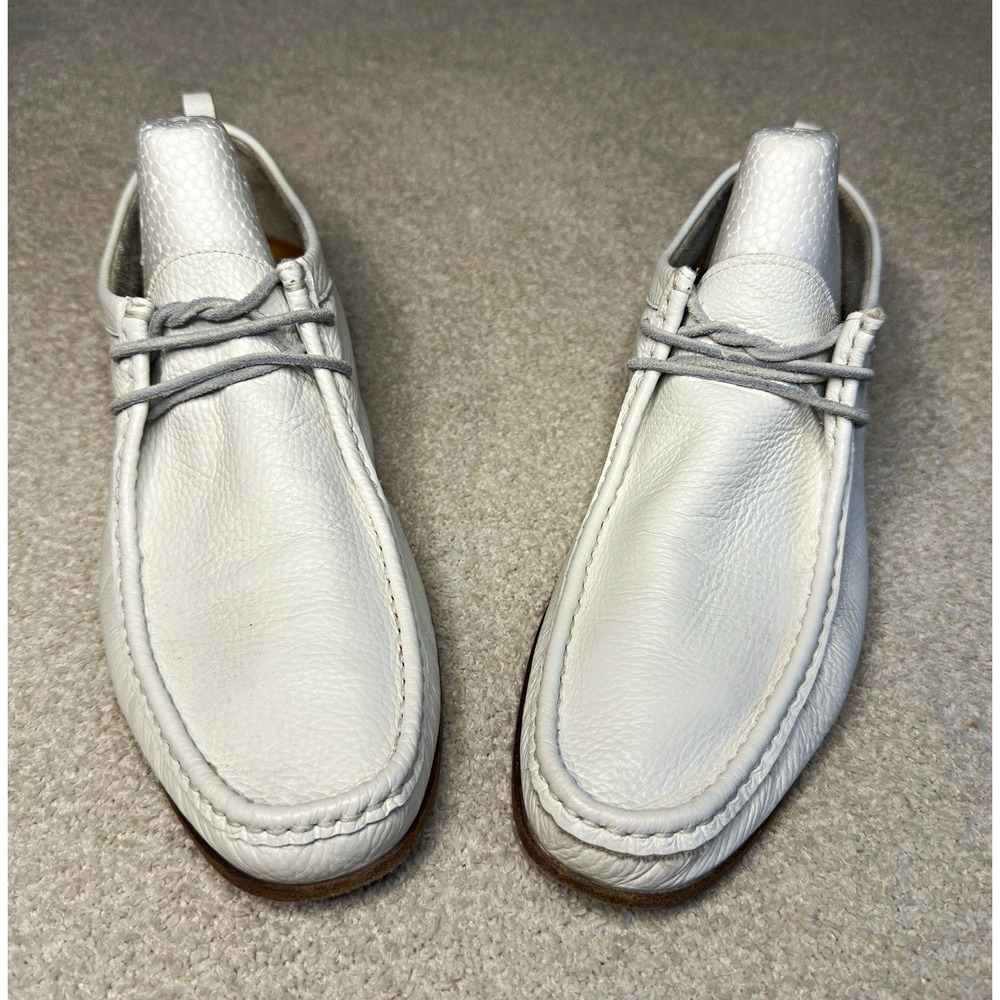 Donald J Pliner Mens 11.5 White Leather Lace Up Moccasin Made in Italy Blue Sole